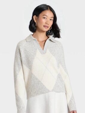 Neutral Argyle Collared V-Neck Sweater - Cream & Light Gray